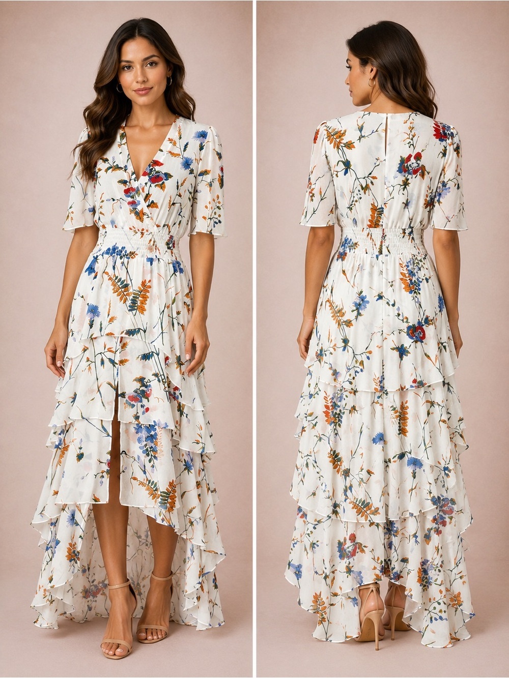 Maje White Floral Tiered High-Low Dress